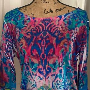 Chico's T-shirt. Blue Aztec, Boho, Southwestern Tie-Dye, Size 2 L